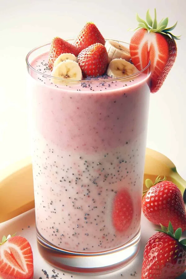 BlendJet Strawberry Poppy Seed Protein Shake in a glass, on my kitchen counter, surrounded by fresh fruit.