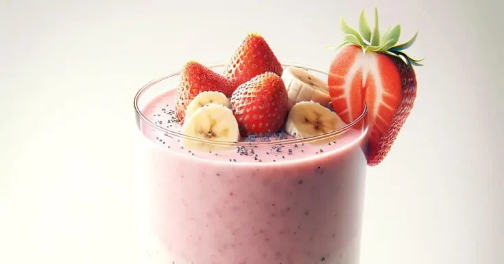 BlendJet Strawberry Poppy Seed Protein Shake in a glass, on my kitchen counter, surrounded by fresh fruit.