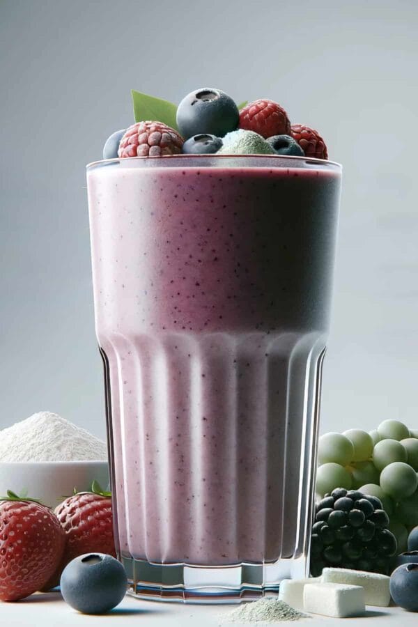 BlendJet Ultimate 6AM Power Boost smoothie in a glass, on my kitchen counter, surrounded by fresh fruit and protein powder.
