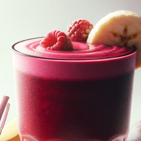 BlendJet Vampire Beetroot smoothie in a glass, on my kitchen counter, surrounded by fresh fruit and vegetables.