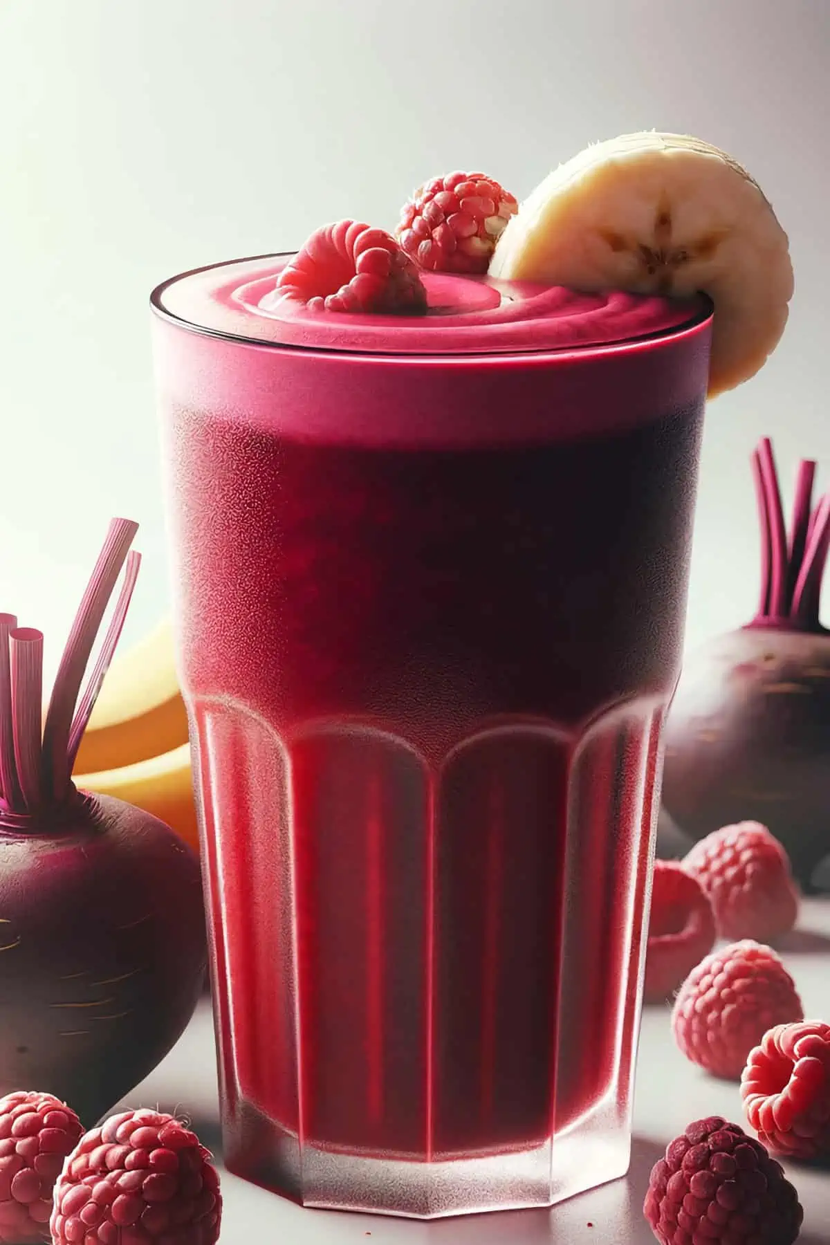 BlendJet Vampire Beetroot smoothie in a glass, on my kitchen counter, surrounded by fresh fruit and vegetables.