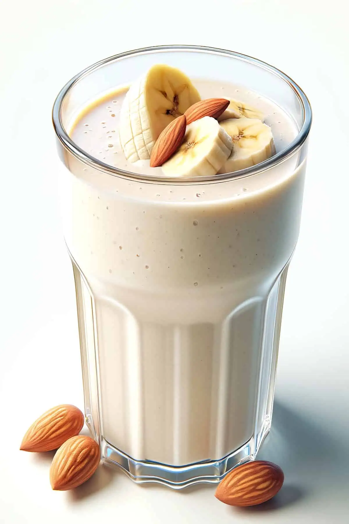 BlendJet Vanilla Almond Protein Shake in a glass, on my kitchen counter, surrounded by almonds.