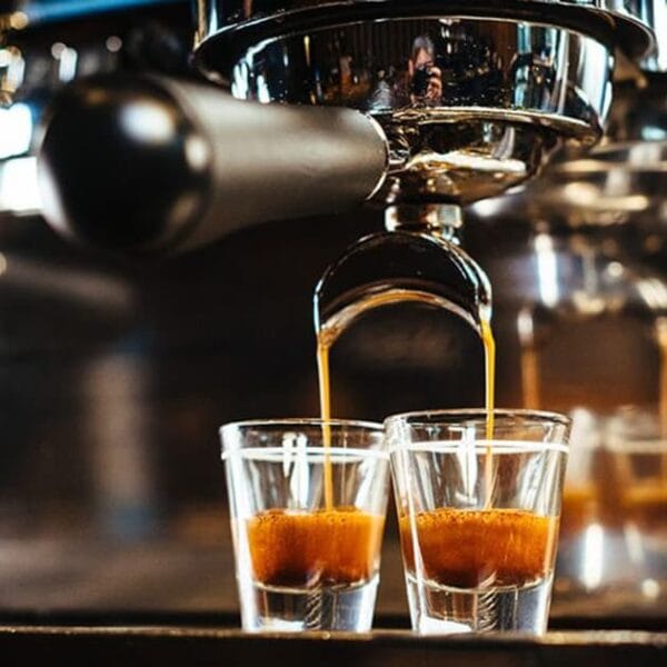 Espresso machine making two espresso shots.