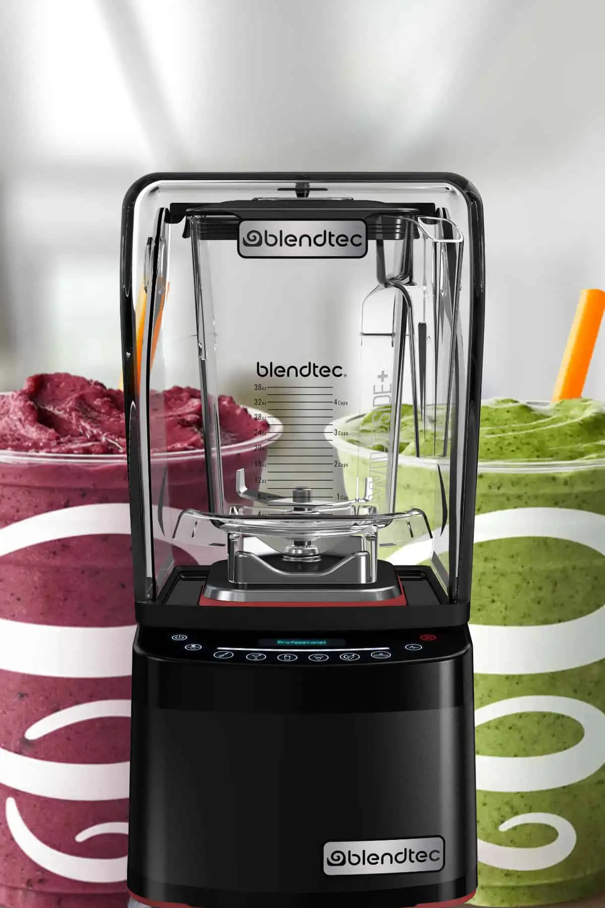 Blendtec Stealth blender, on my kitchen counter, surrounded by Jamba Juice smoothies.