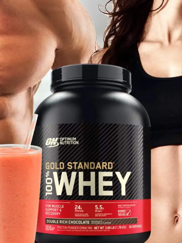 Fit man and woman with flat bellies, standing next to a protein shake and a jar of whey protein powder.