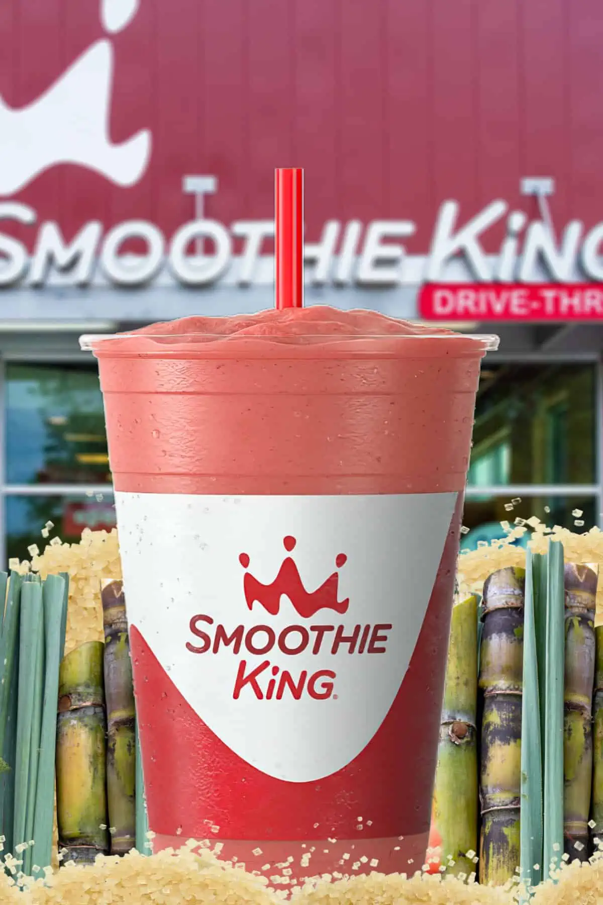 Smoothie King smoothie in a glass, surrounded by turbinado raw sugar and sugar cane sticks.