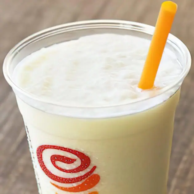 Jamba Juice Secret Menu Pina Colada smoothie in a glass, at the store.