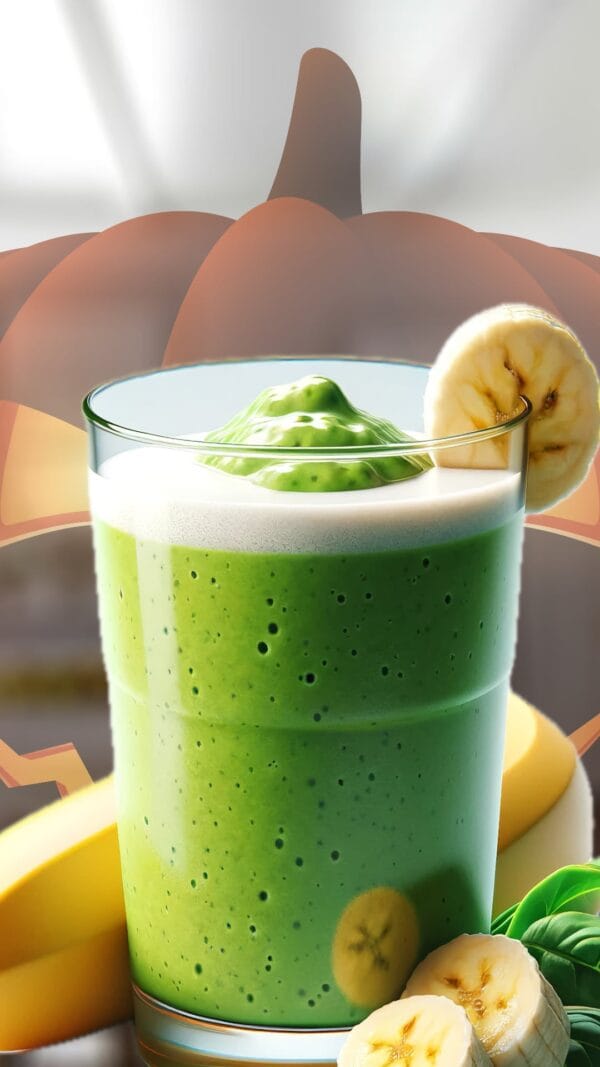 Frankenstein Halloween smoothie in a glass, on my kitchen counter, surrounded by fresh fruit and vegetables.