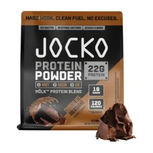 On package of Keto Protein Powder with a chocolate chunk.
