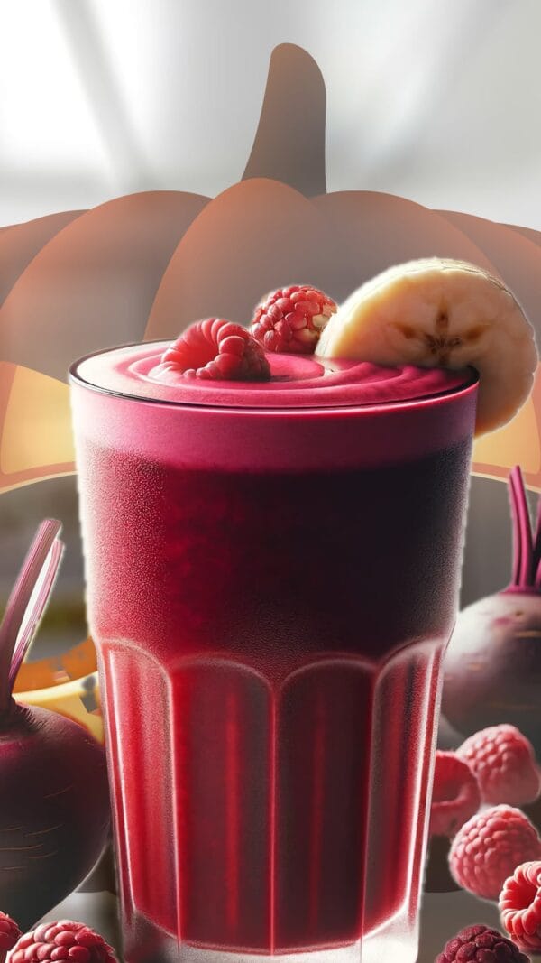 Vampire Beetroot Halloween smoothie in a glass, on my kitchen counter, surrounded by fresh fruit and vegetables.